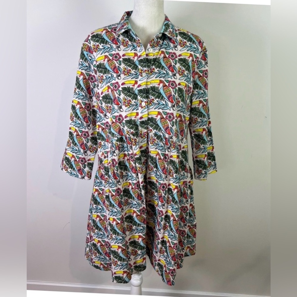 Ro’s Garden Women’s Tropical Toucan Button Down Midi Dress Size Small Preppy